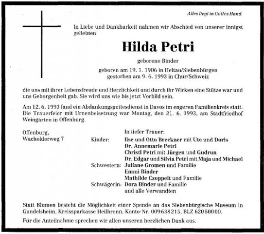 Binder Hilda 1906-1993 Todesanzeige
